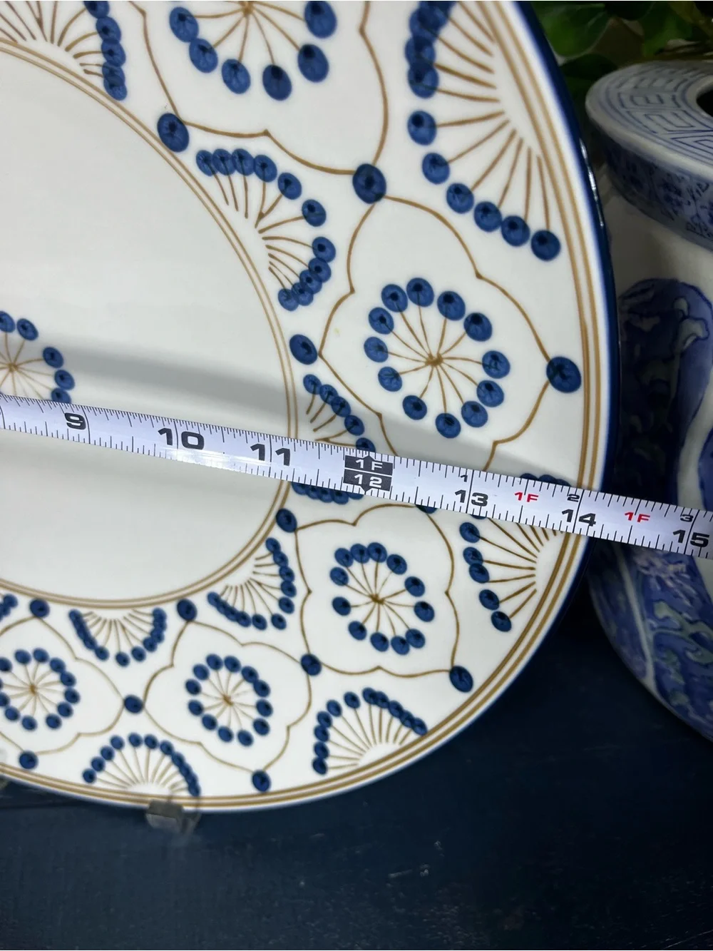Porcelain Charger Blue Dots, Gold Mosaic Vintage Modern by Thomas O’Brien
